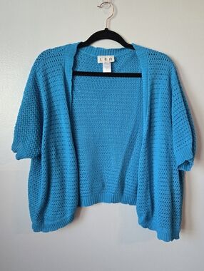 LEA Blue Crochet Knit Open Front Cardigan Shrug Short Sleeve Boho Cotton Blend